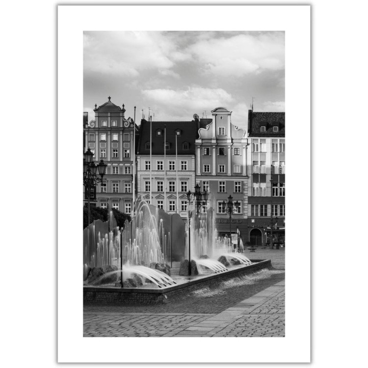plakat wrocław fontanna w czerni i bieli z białym obramowaniem
