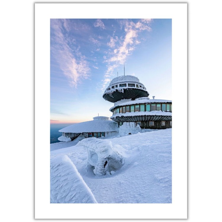 plakat karkonosze obserwatorium na śnieżce z białym obramowaniem
