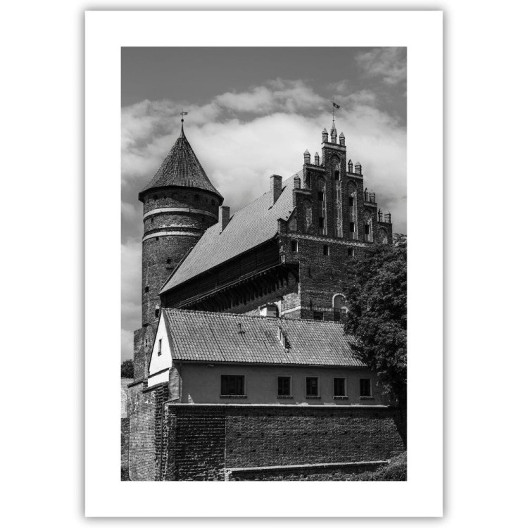 plakat olsztyn zamek w czerni i bieli z białym obramowaniem