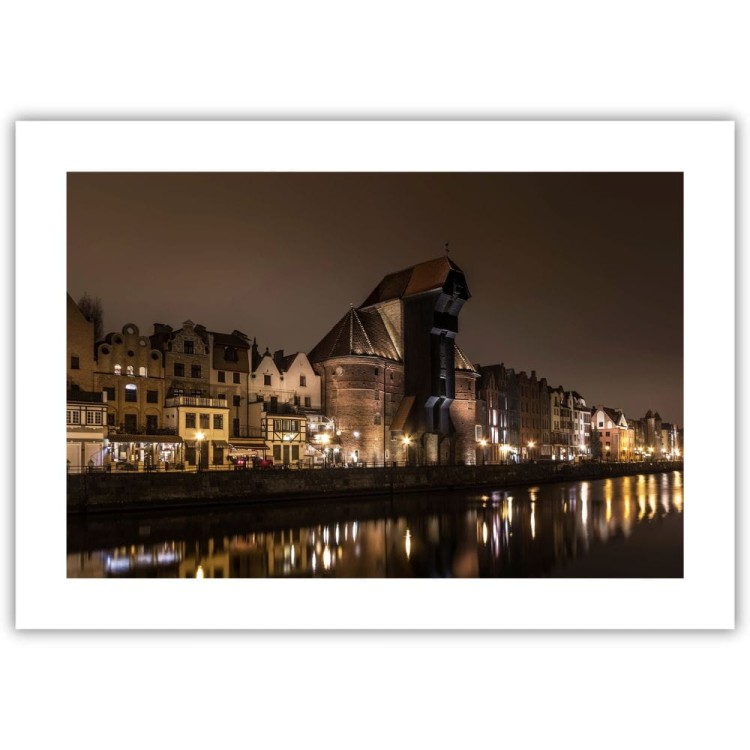 plakat gdańsk żuraw nocą z białym obramowaniem