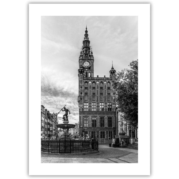 plakat gdańsk neptun w czerni i bieli z białym obramowaniem