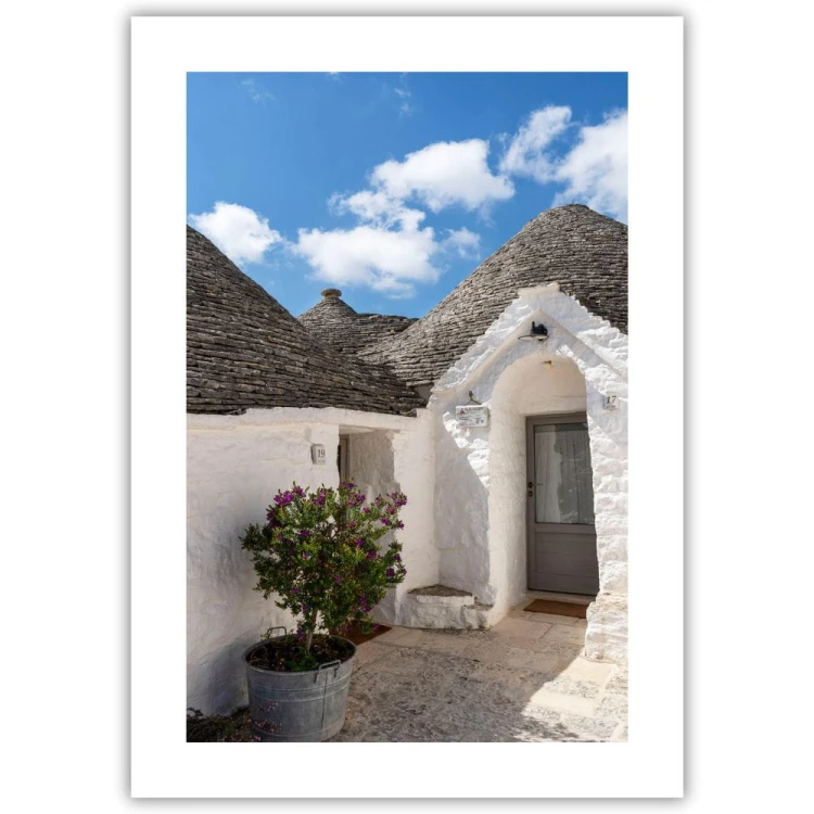 plakat alberobello białe trulli z białym obramowaniem
