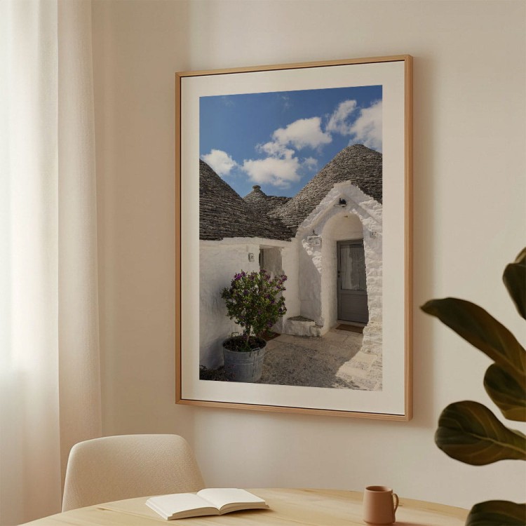 plakat alberobello białe trulli z białym obramowaniem w drewnianej ramie