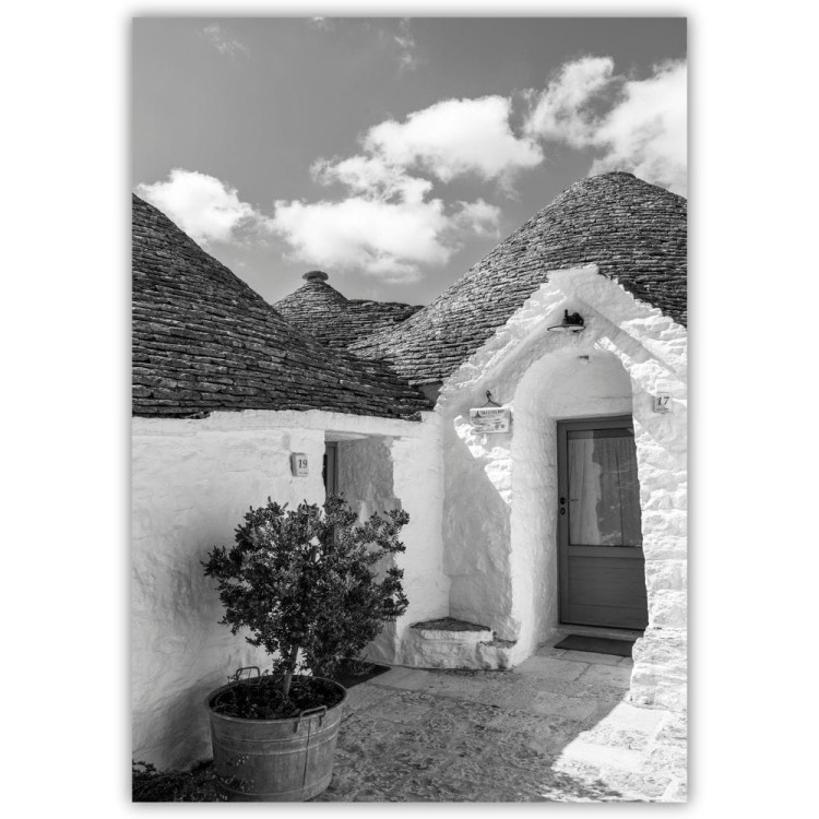 plakat alberobello białe trulli w czerni i bieli