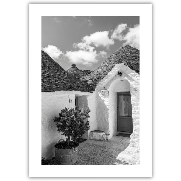 plakat alberobello białe trulli w czerni i bieli z białym obramowaniem