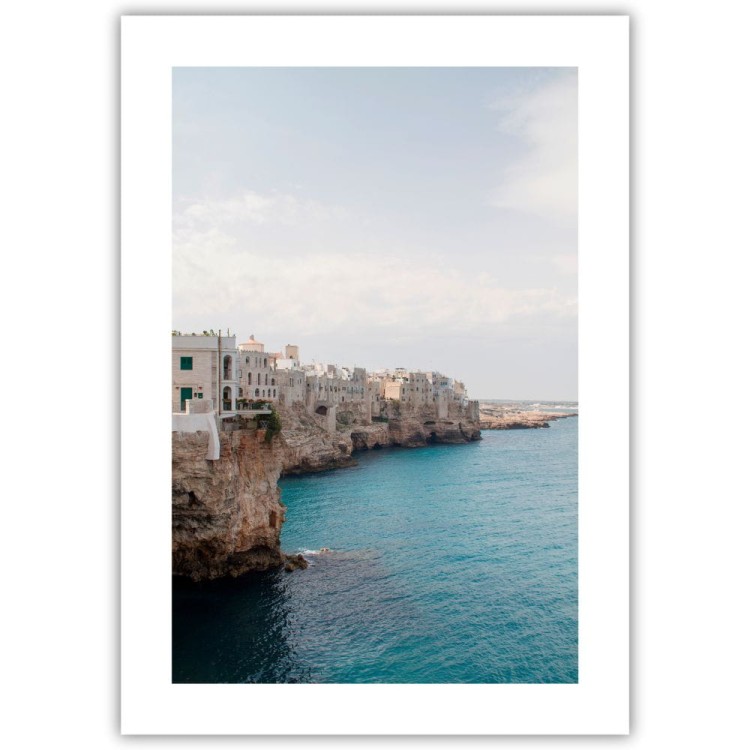 plakat polignano a mare mglisty poranek z białym obramowaniem