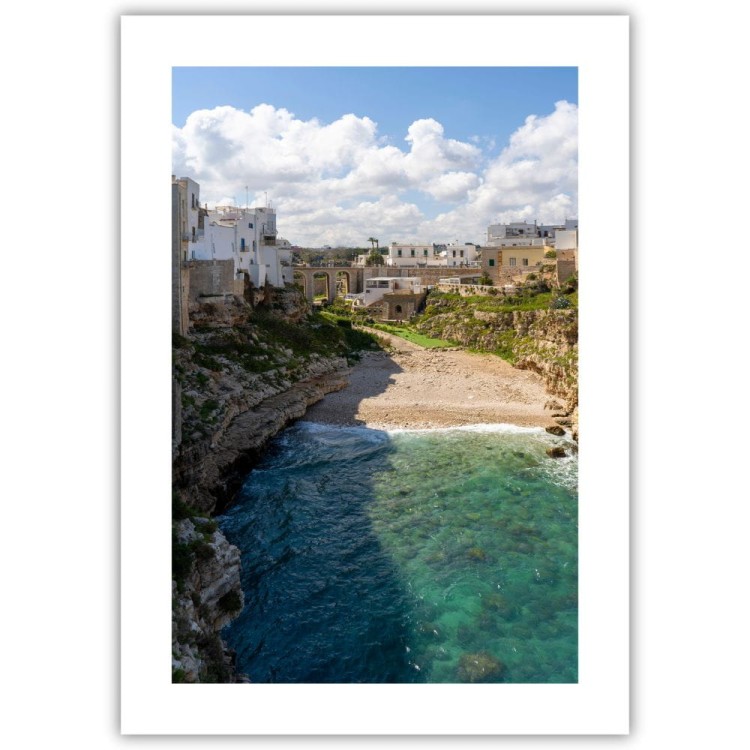 plakat polignano a mare zatoka lama monachile z białym obramowaniem