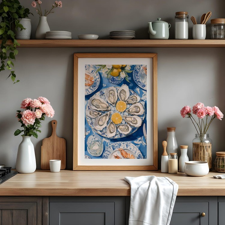 plakat oysters and lemons graphic z białym obramowaniem w kuchni