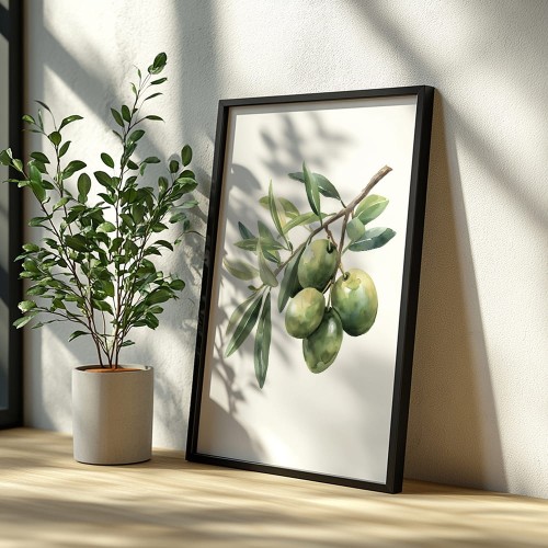plakat zielone oliwki w czarnej ramie