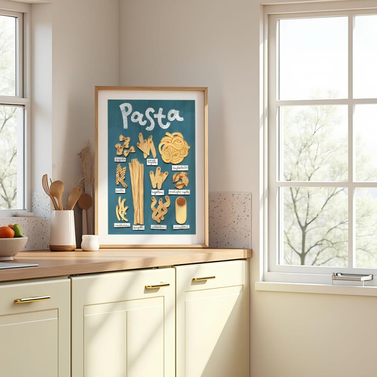 plakat pasta italiana z białym obramowaniem w kuchni