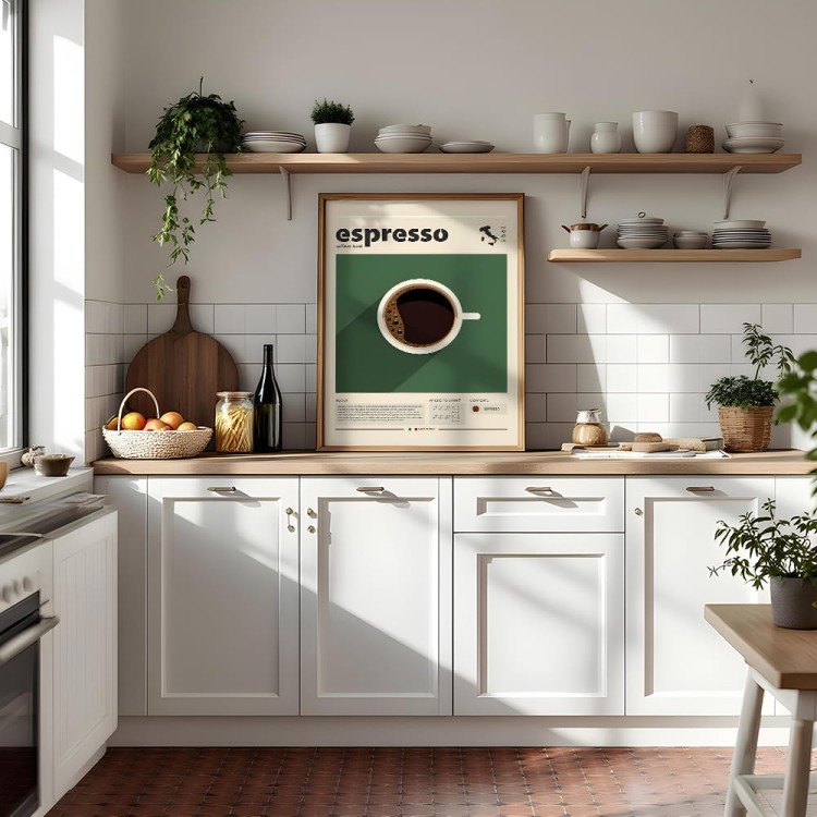 plakat espresso 1995 w drewnianej ramie w kuchni