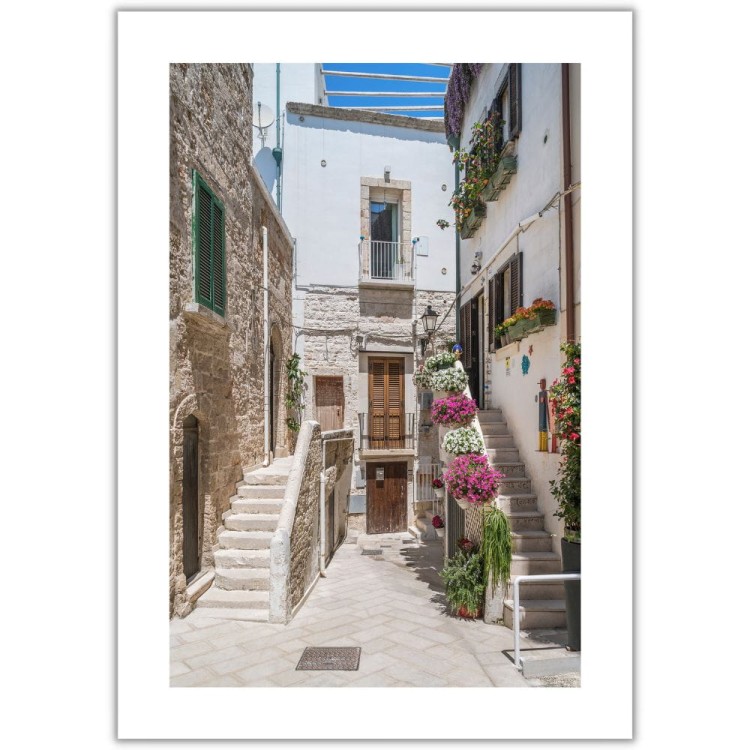 plakat polignano a mare uliczka starego miasta z białym obramowaniem