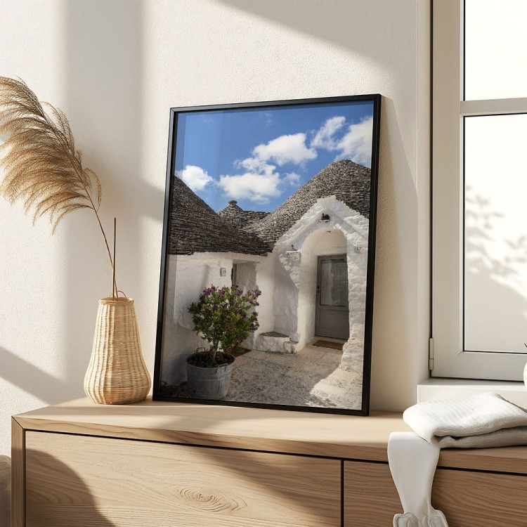 plakat alberobello białe trulli w czarnej ramie
