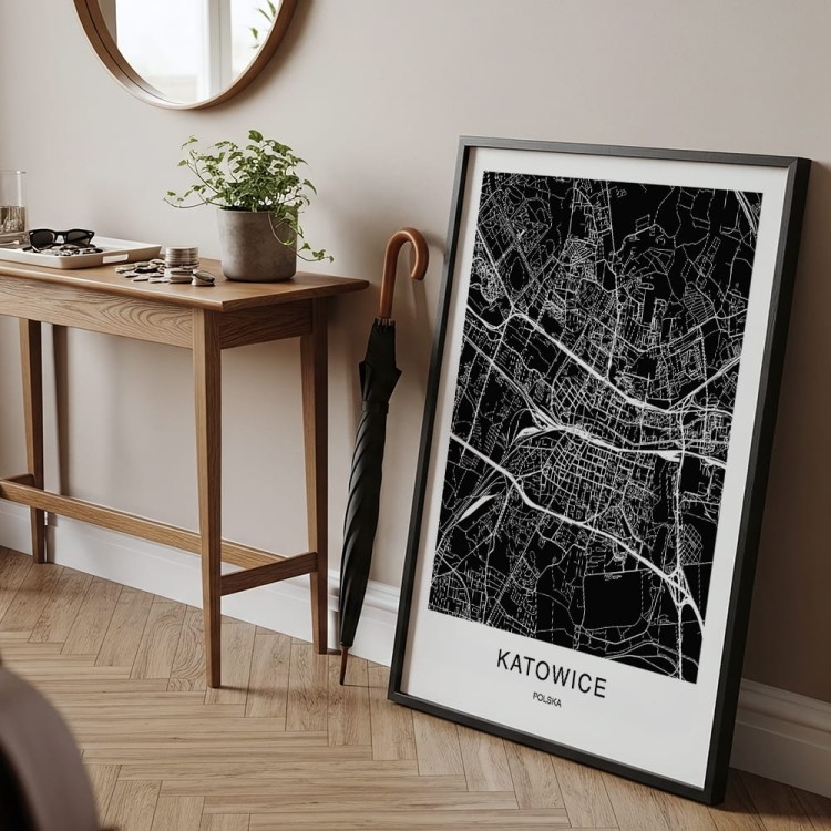 plakat katowice mapa w czarnej ramie w przedpokoju