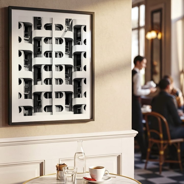 plakat wrocław balkony w czerni i bieli z białym obramowaniem w restauracji