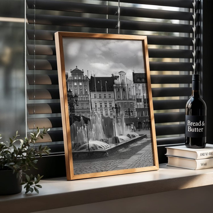 plakat wrocław fontanna w czerni i bieli w drewnianej ramie