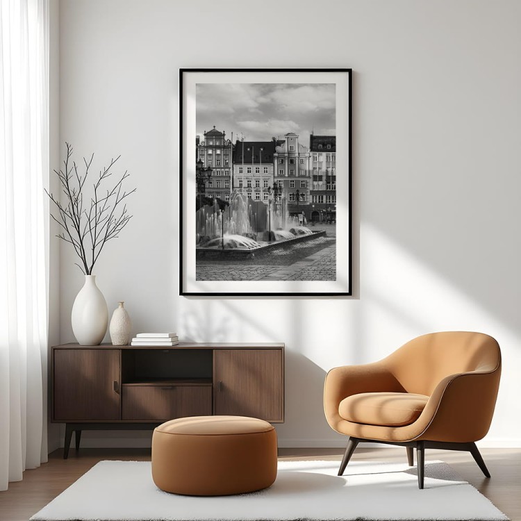 plakat wrocław fontanna w czerni i bieli z białym obramowaniem w salonie