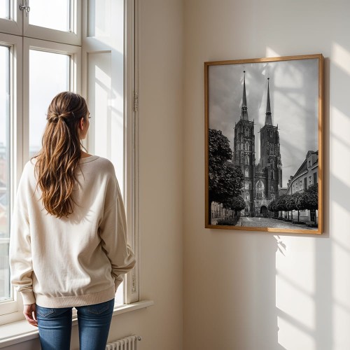 plakat wrocław katedra w czerni i bieli w drewnianej ramie