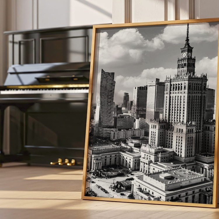 plakat warszawa pałac kultury w czerni i bieli w salonie