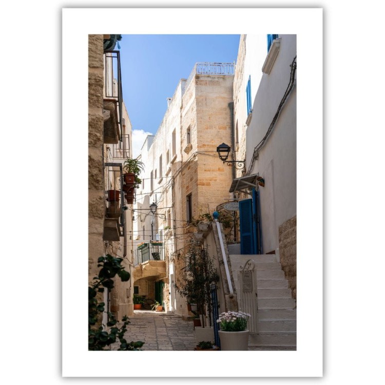plakat polignano a mare uliczka w apulii z białym obramowaniem