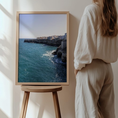plakat polignano a mare w słońcu Apulii w drewnianej ramie