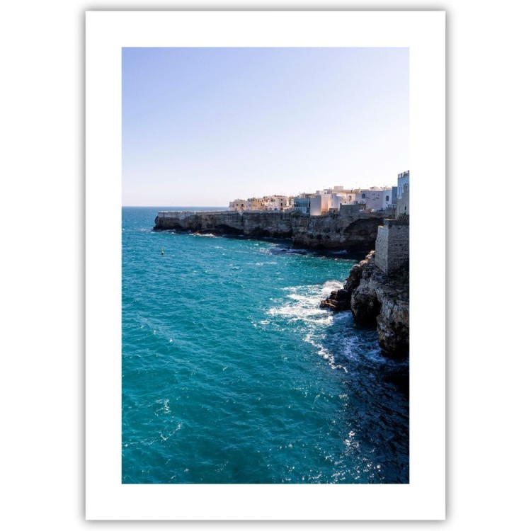 plakat polignano a mare w słońcu Apulii z białym obramowaniem