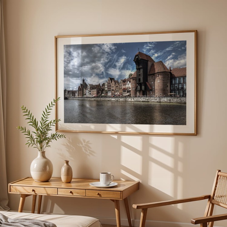 plakat gdańsk długie pobrzeże z białym obramowaniem w drewnianej ramie