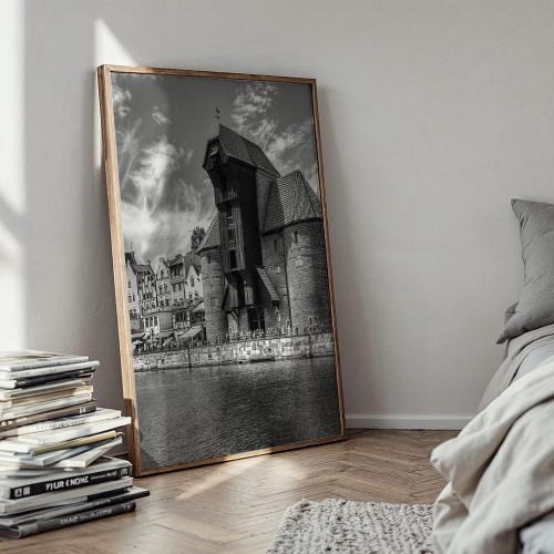 plakat gdańsk żuraw w czerni i bieli w sypialni