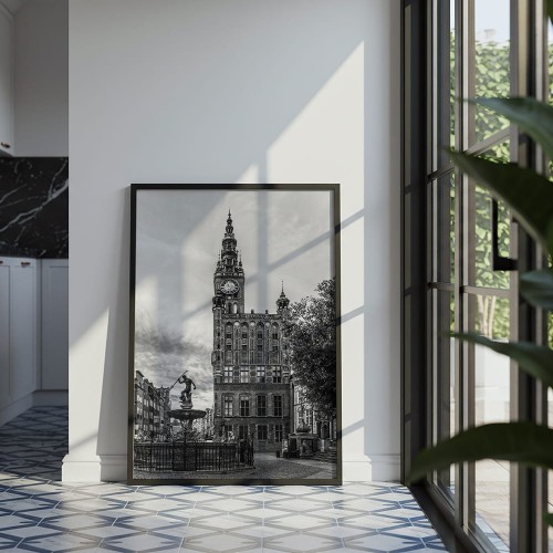 plakat gdańsk neptun w czerni i bieli w czarnej ramie