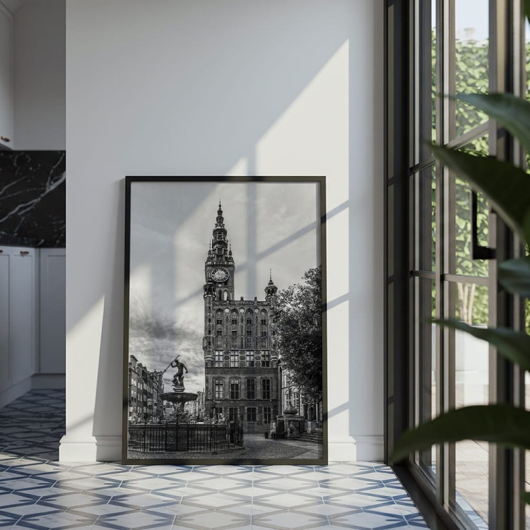 plakat gdańsk neptun w czerni i bieli w czarnej ramie