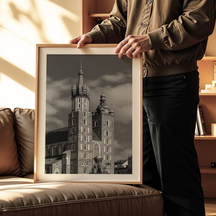 plakat kraków kościół mariacki w czerni i bieli z białym obramowaniem dekoracja ścienna