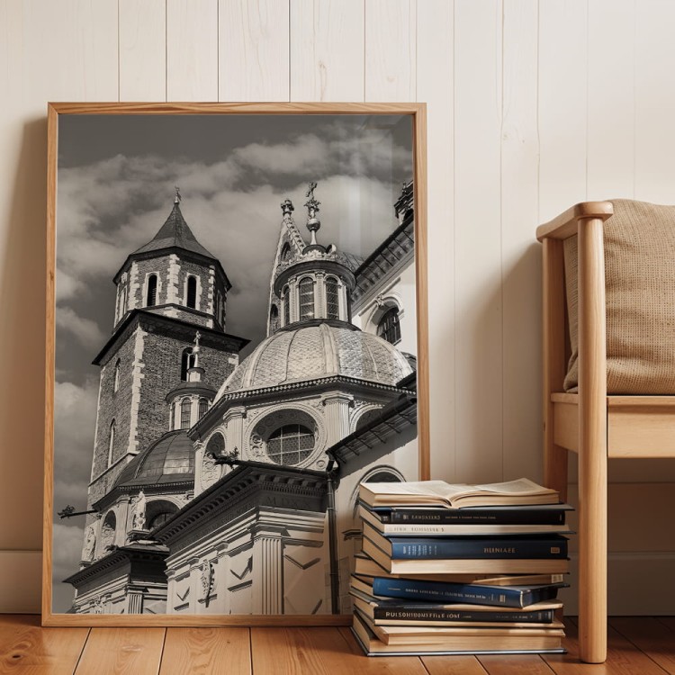 plakat kraków katedra wawel w czerni i bieli w drewnianej ramie