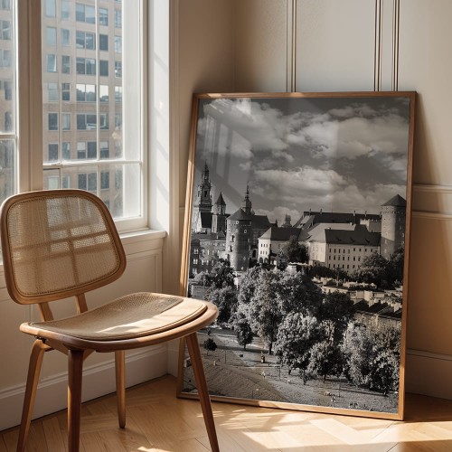 plakat kraków wawel w czerni i bieli w drewnianej ramie