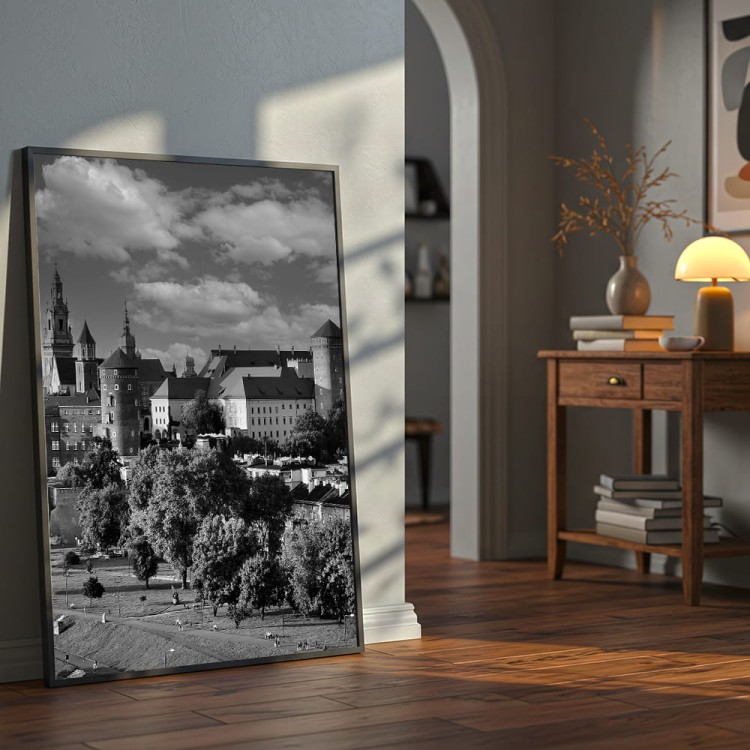 plakat kraków wawel w czerni i bieli w salonie