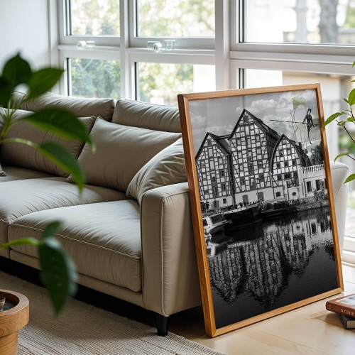 plakat bydgoszcz spichrze w czerni i bieli w drewnianej ramie