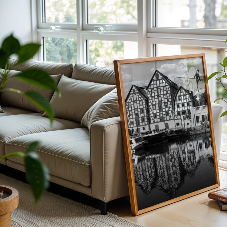 plakat bydgoszcz spichrze w czerni i bieli w drewnianej ramie