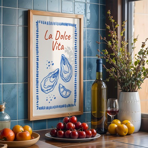 plakat cucina italiana ostriche w niebieskiej kuchni