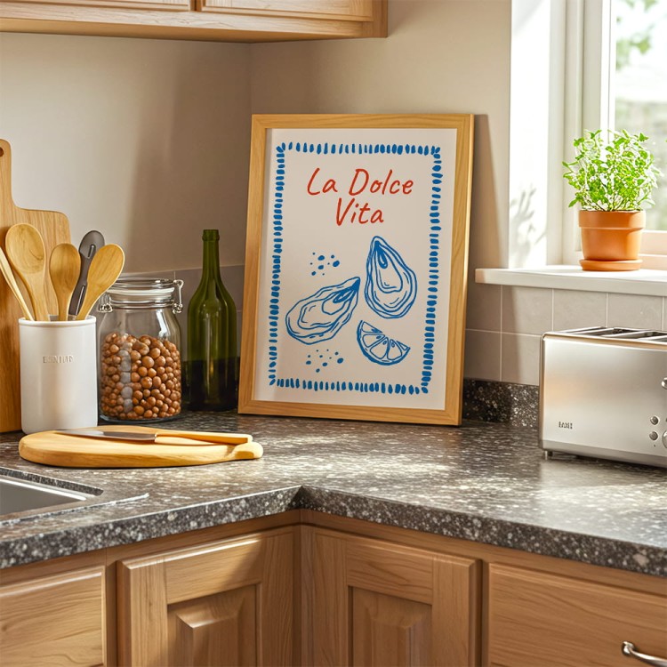 plakat cucina italiana ostriche w drewnianej ramie w kuchni