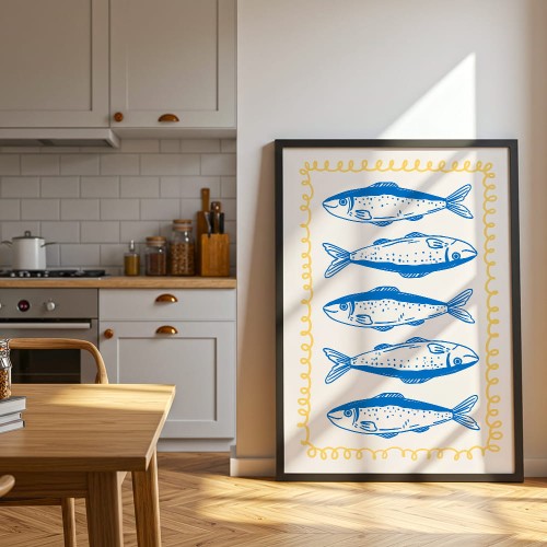 plakat cucina italiana sardine w czarnej ramie w kuchni
