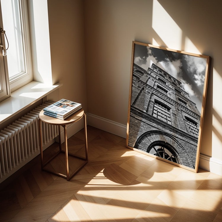 plakat łódź manufaktura w czerni i bieli w drewnianej ramie