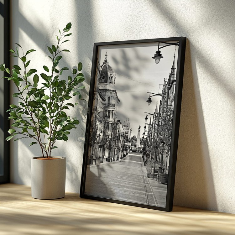 plakat łódź piotrkowska w czerni i bieli w czarnej ramie