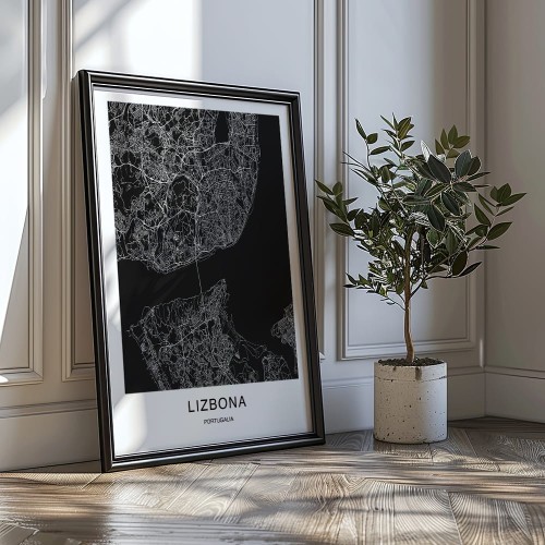 plakat lizbona mapa w czarnej ramie w salonie