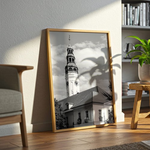 plakat zielona góra ratusz w czerni i bieli w drewnianej ramie