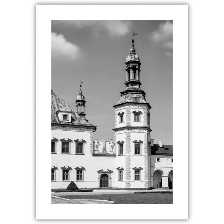 plakat kielce pałac w czerni i bieli z białym obramowaniem