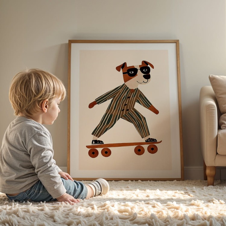 plakat pies na deskorolce z białym obramowaniem dekoracja ścienna