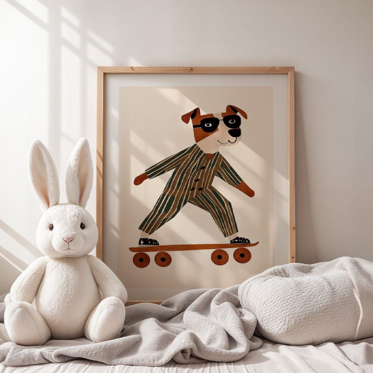 plakat pies na deskorolce z białym obramowaniem w pokoju dziecka