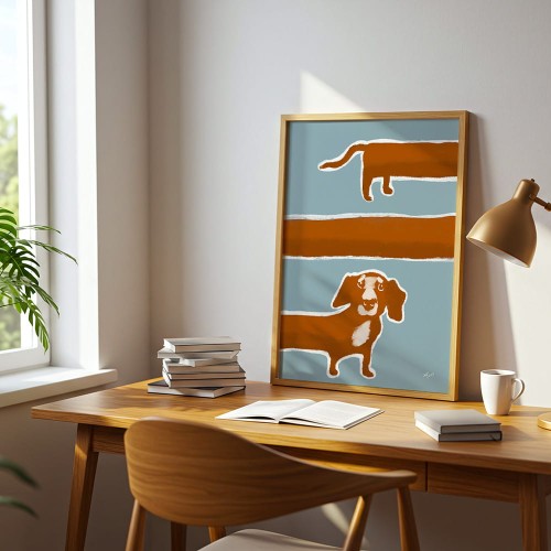 plakat długi pies na biurku