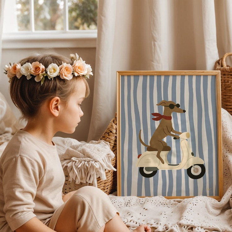 plakat pies na vespie w drewnianej ramce