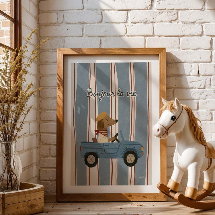 plakat mały kierowca z paryża z białym obramowaniem w drewnianej ramie