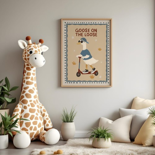 plakat gęś na wolności w ramie drewnianej na ścianie